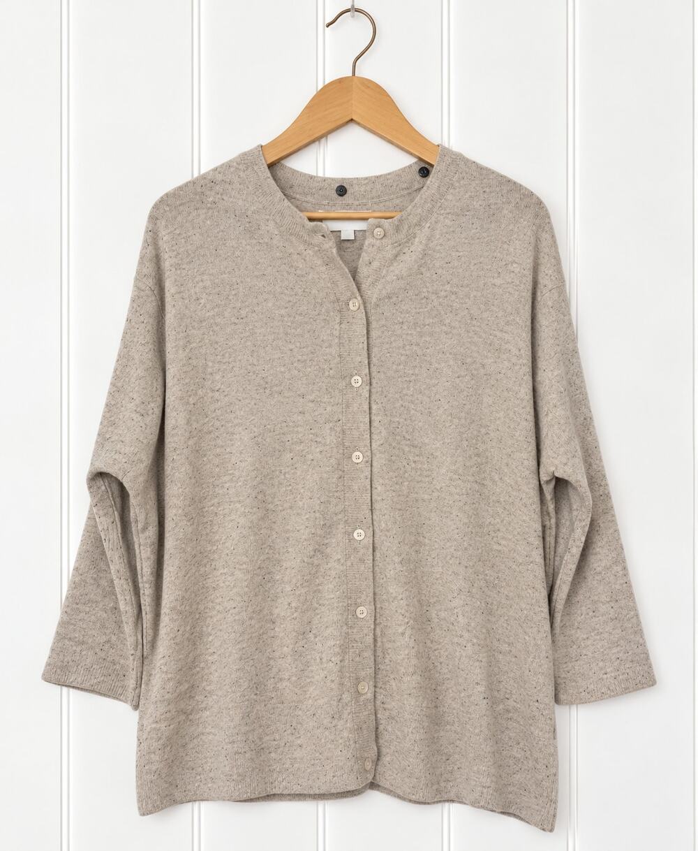 VETTA Organic Cotton Cardigan Sweater Beige Oversized Button Front Made USA